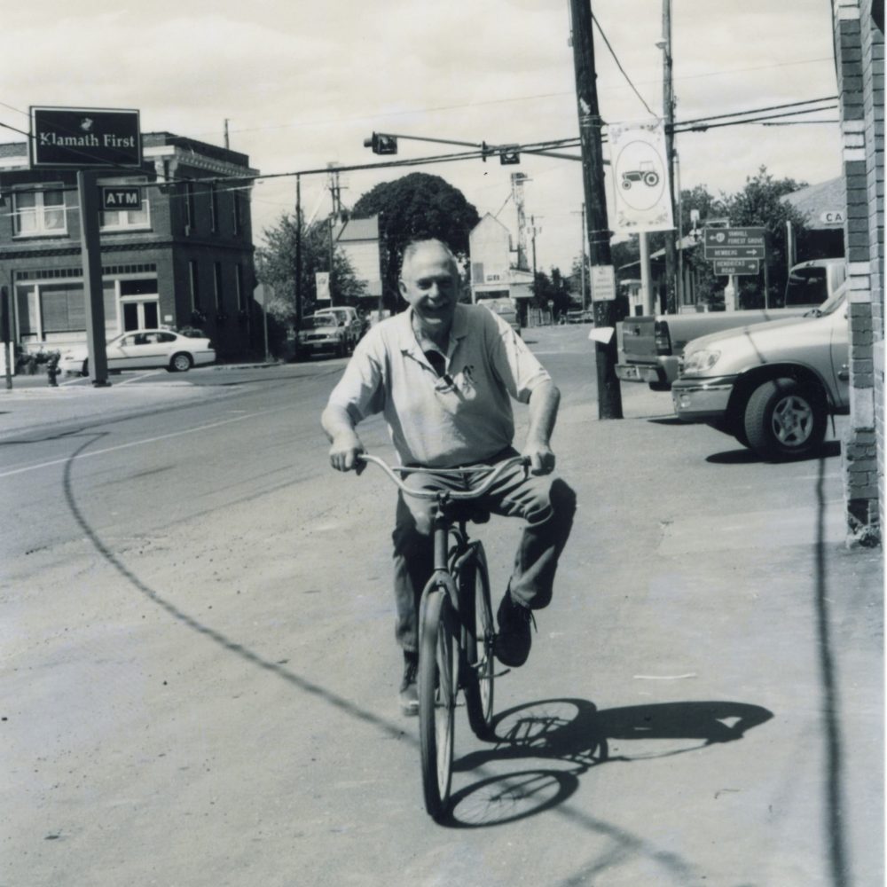 Former owner Bob Nistler riding a bicycle