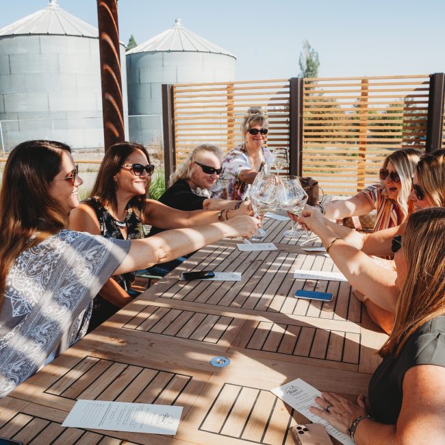 Outdoor wine tasting with a large group at Flâneur Wines in Carlton, OR